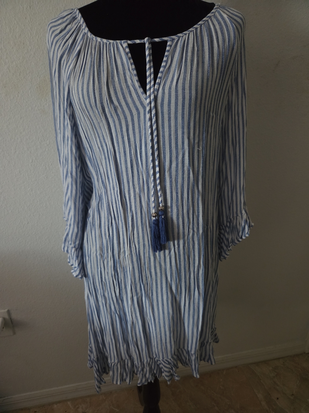 Blue Island Beach Dress Gauze XLg Navy Blue & White Striped Cold Boho
